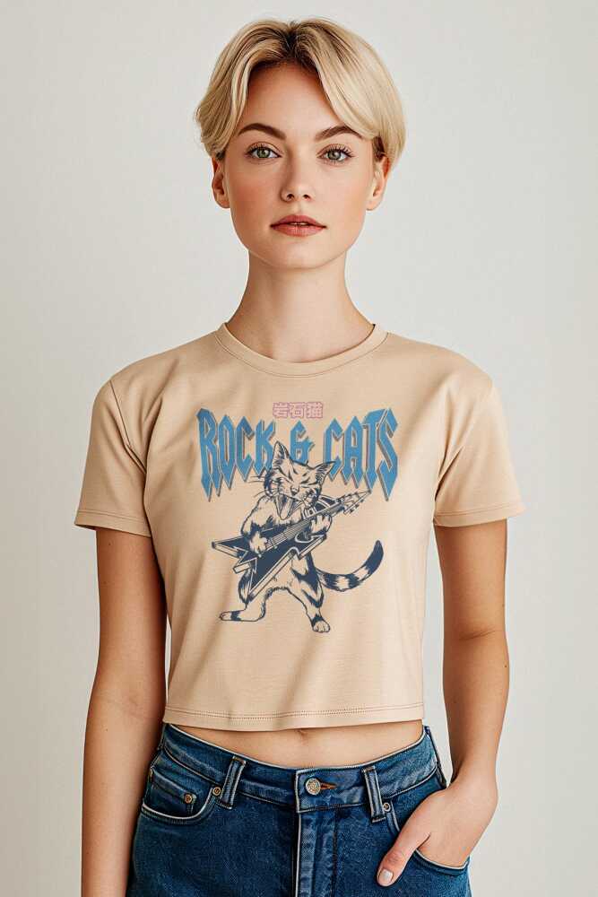 Meowtallica Rock Cat Metallica Kedi Gitar Kadın Tişört Baby Tee Bej Renk Crop T-shirt - 1