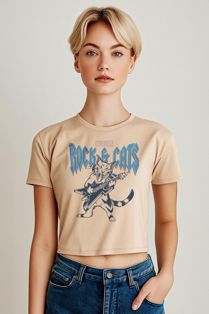 Meowtallica Rock Cat Metallica Kedi Gitar Kadın Tişört Baby Tee Bej Renk Crop T-shirt - 1