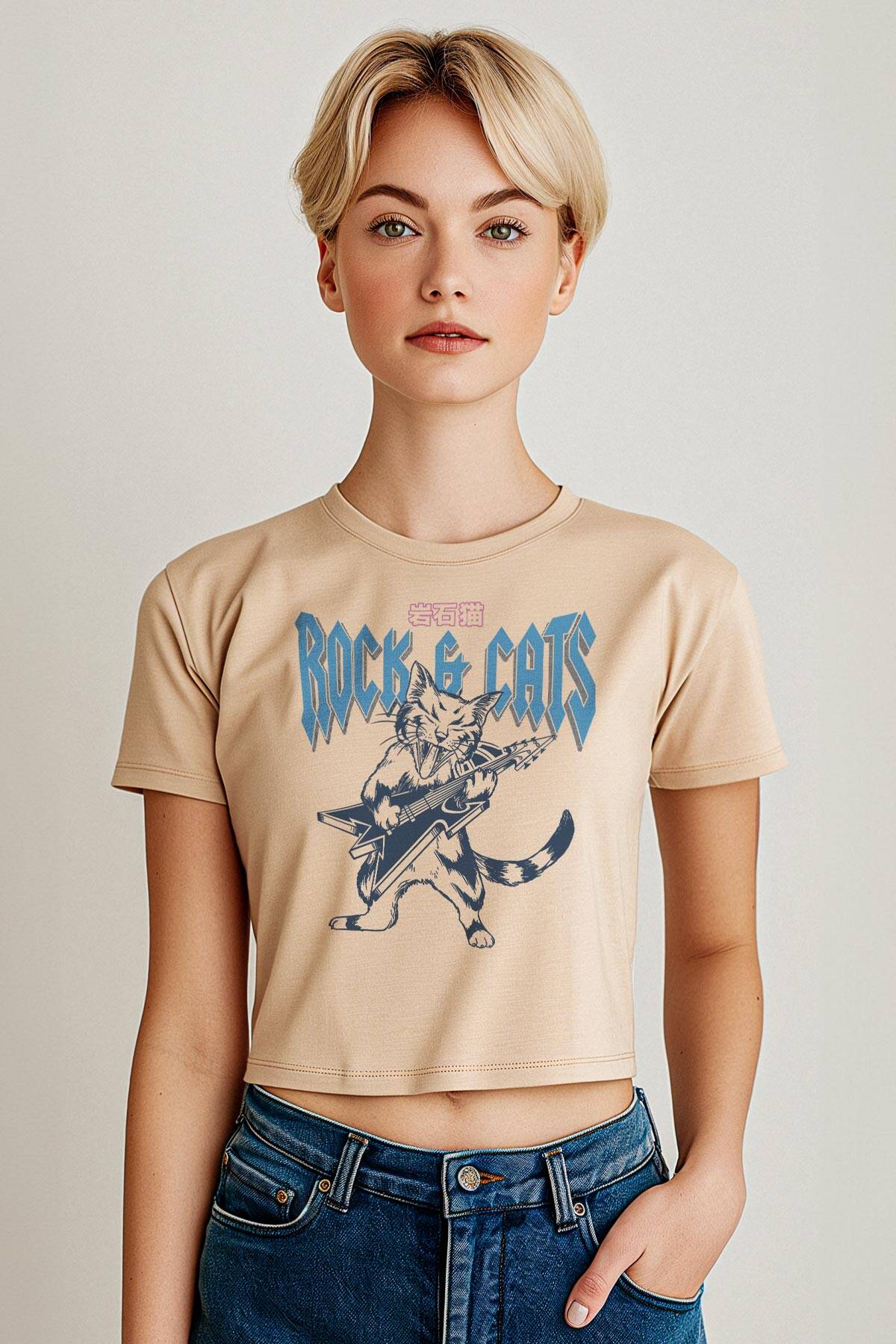 Meowtallica Rock Cat Metallica Kedi Gitar Kadın Tişört Baby Tee Bej Renk Crop T-shirt - 1