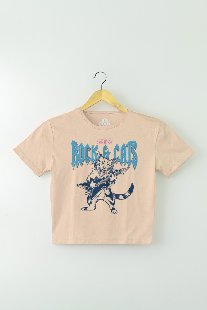 Meowtallica Rock Cat Metallica Kedi Gitar Kadın Tişört Baby Tee Bej Renk Crop T-shirt - 2