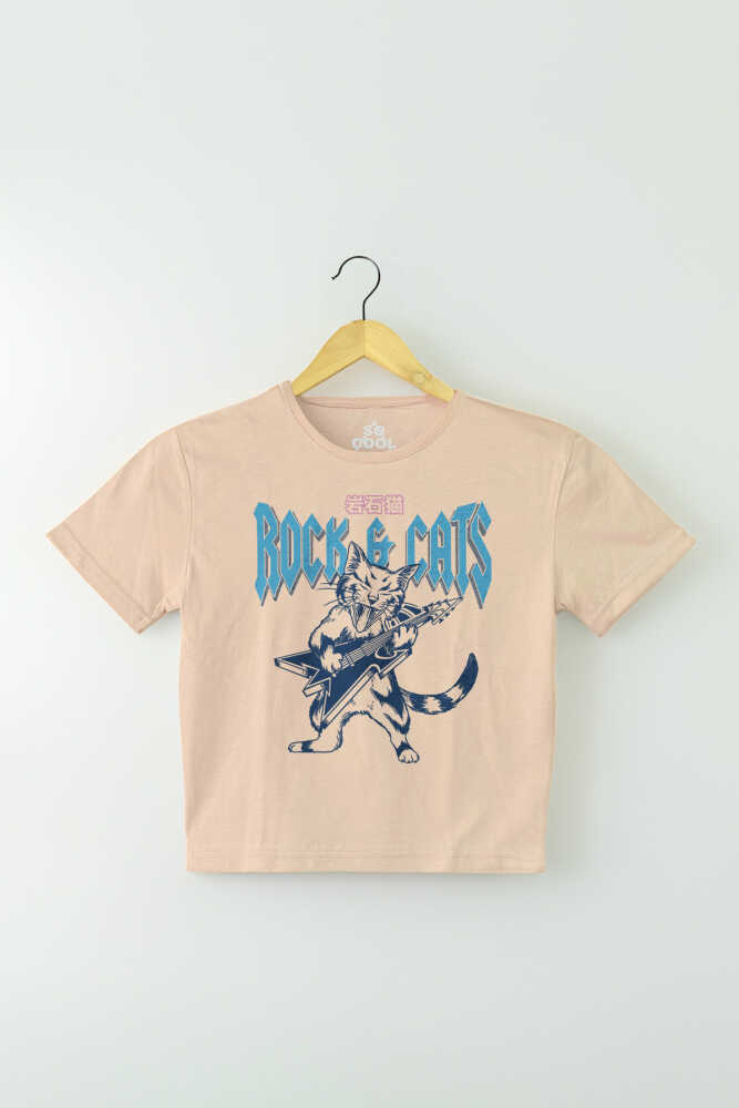 Meowtallica Rock Cat Metallica Kedi Gitar Kadın Tişört Baby Tee Bej Renk Crop T-shirt (1)