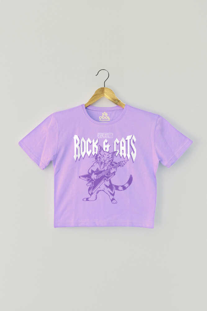Meowtallica Rock Cat Metallica Kedi Gitar Kadın Tişört Baby Tee Lila Crop T-shirt - 1