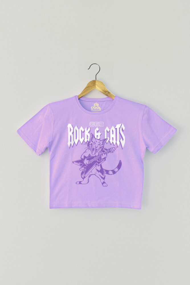 Meowtallica Rock Cat Metallica Kedi Gitar Kadın Tişört Baby Tee Lila Crop T-shirt - 1