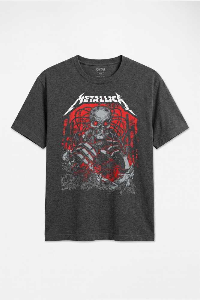 Metal Rock Music Metallica Kuru Kafa Skull Unisex Regular Antrasit Melanj Tişört