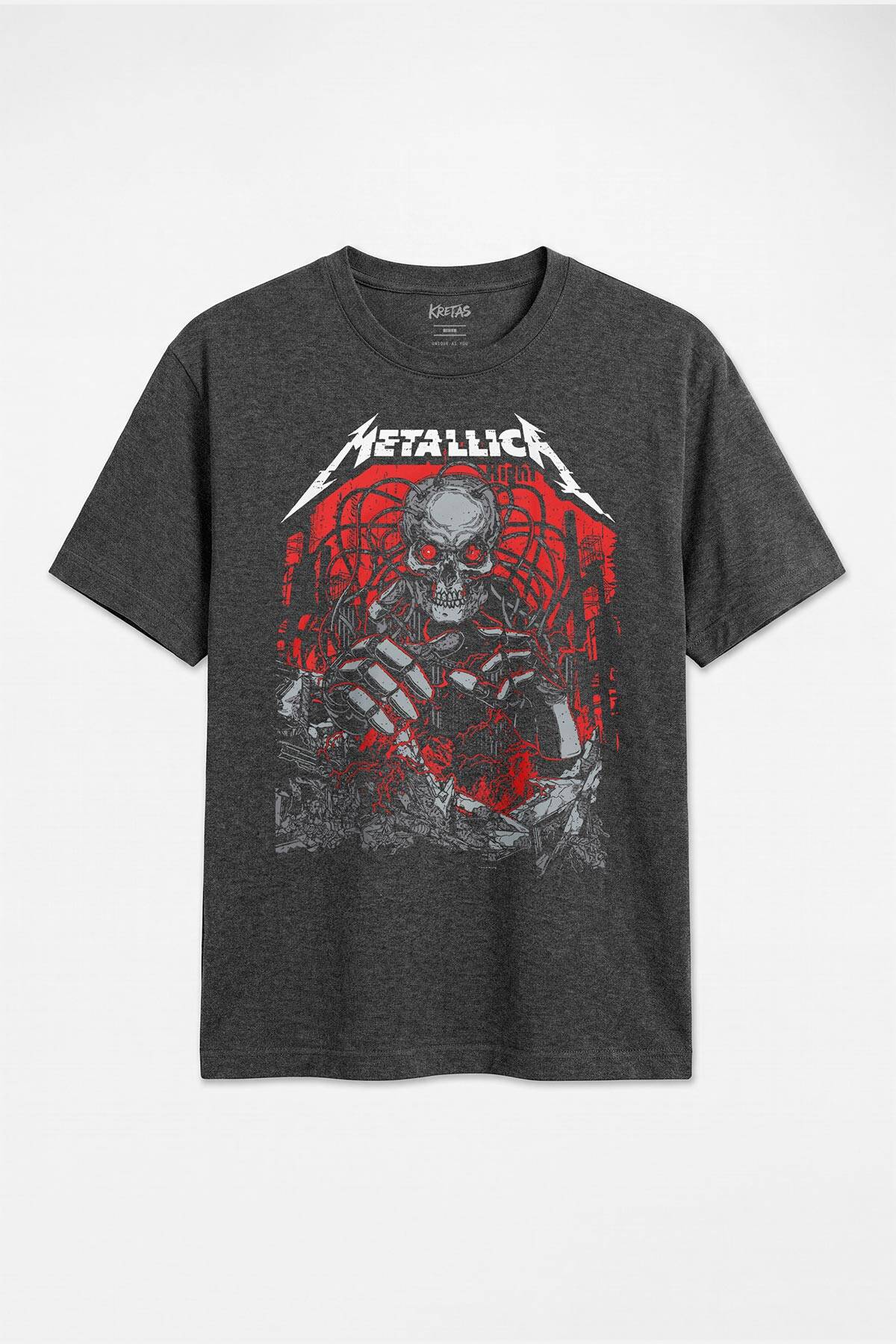 Metal Rock Music Metallica Kuru Kafa Skull Unisex Regular Antrasit Melanj Tişört - 1