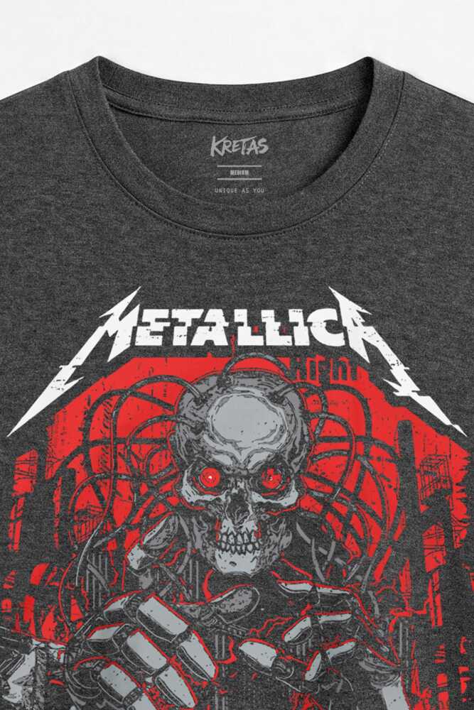 Metal Rock Music Metallica Kuru Kafa Skull Unisex Regular Antrasit Melanj Tişört (1)