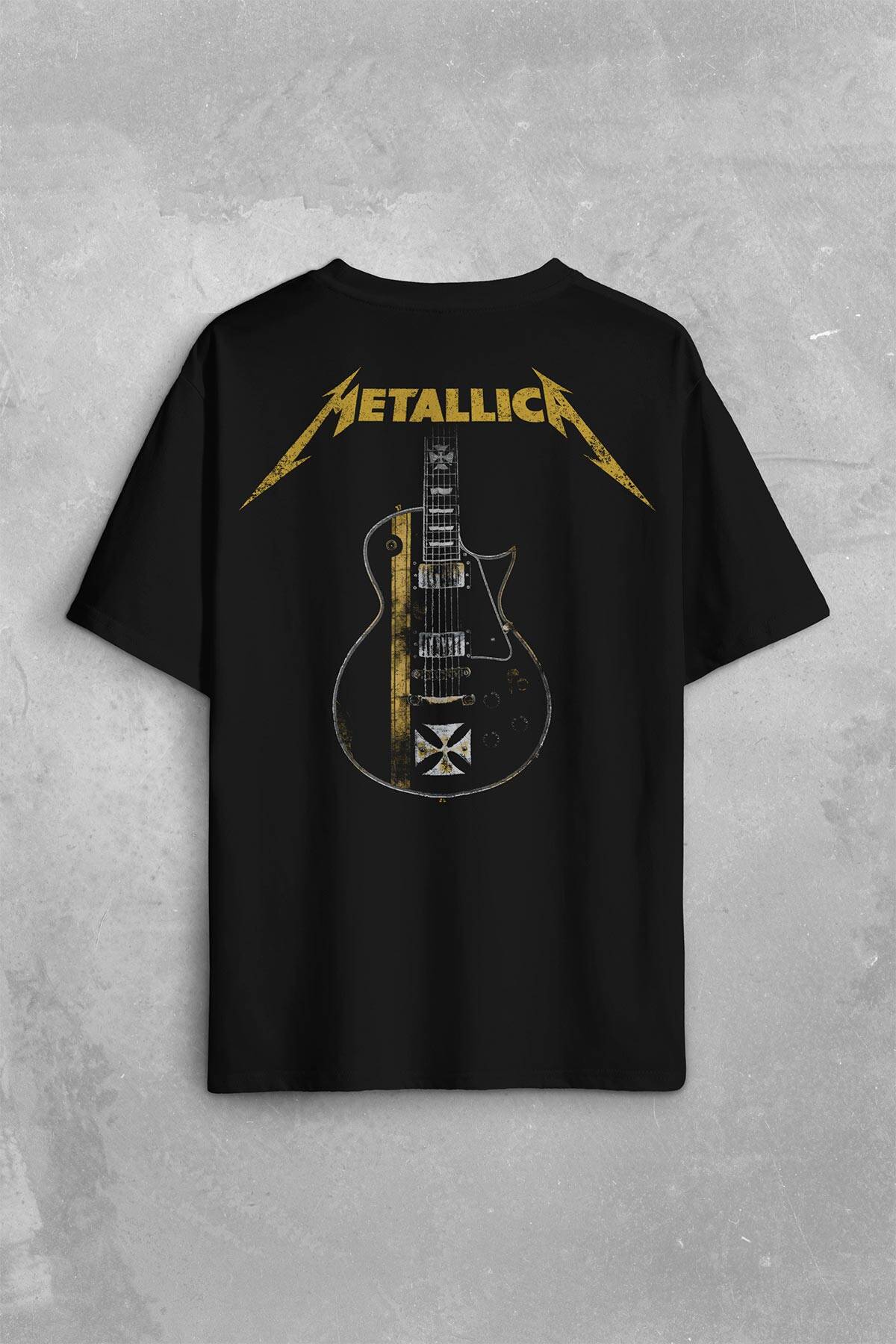 Metallica Iron Cross Gitar Sırt Ön Baskılı Oversize Tişört Unisex T-Shirt - 1