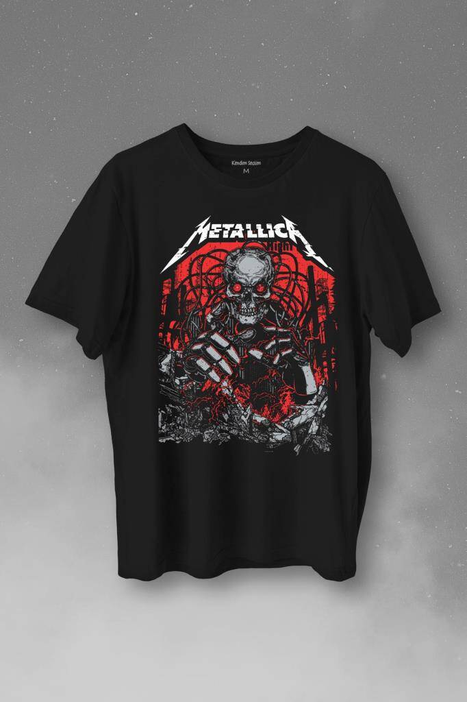 Metallica Rock Music Metal Skull Kuru Kafa James Lars Kırk Robert Baskılı Tişört Unisex T-Shirt - 1