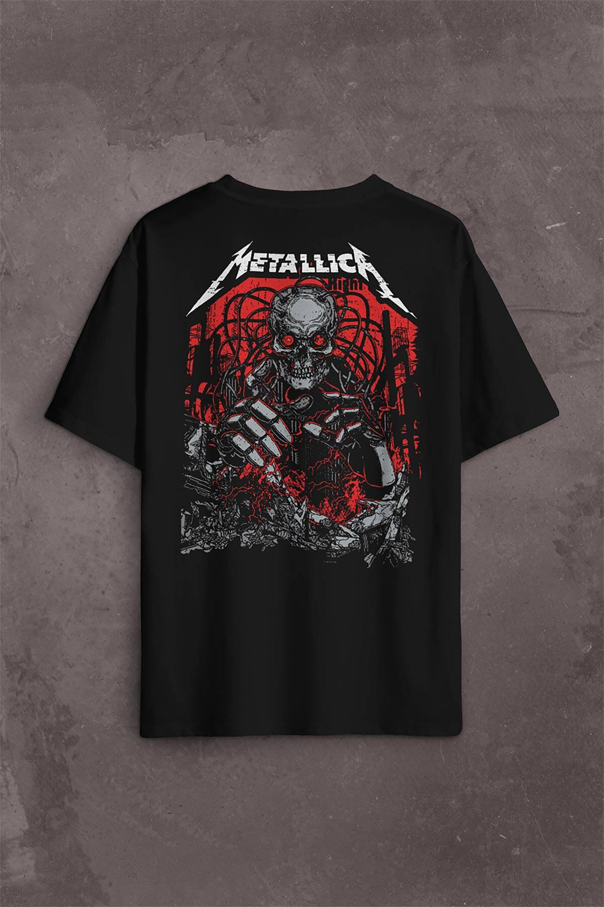 Metallica Rock Music Metal Skull Kuru Kafa James Lars Kırk Robert Sırt Ön Baskılı Oversize Tişört Unisex T-Shirt (1)