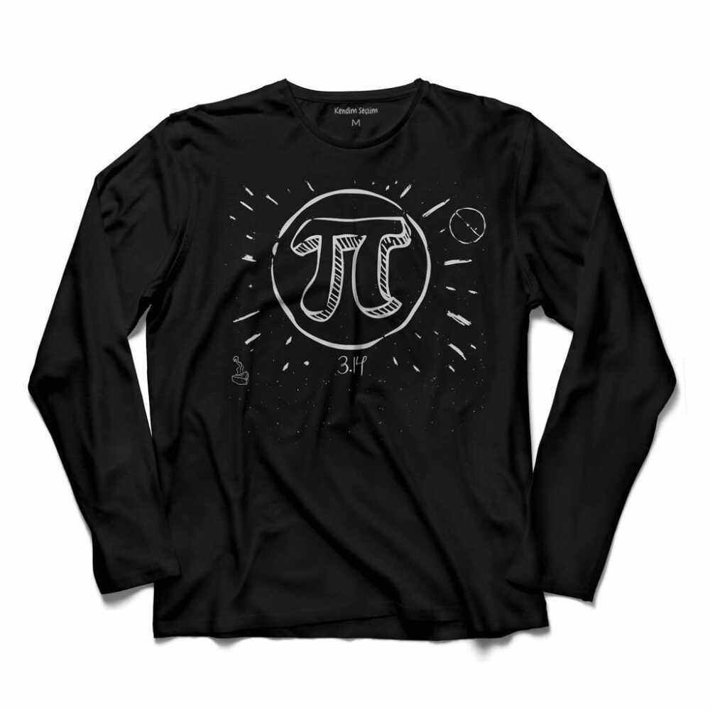 Minimal Geometrik Pi Sayısı Baskılı Siyah Uzun Kollu Tişört