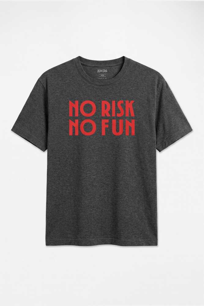 Minimal Tipografi No Risk No Fun Motivasyon Yazılı Tasarım Unisex Regular Antrasit Melanj Tişört - 1