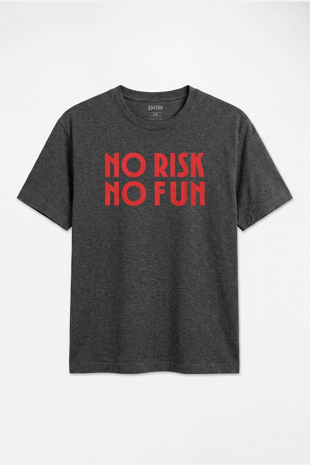 Minimal Tipografi No Risk No Fun Motivasyon Yazılı Tasarım Unisex Regular Antrasit Melanj Tişört