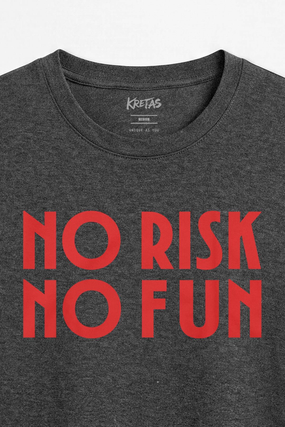 Minimal Tipografi No Risk No Fun Motivasyon Yazılı Tasarım Unisex Regular Antrasit Melanj Tişört (1)