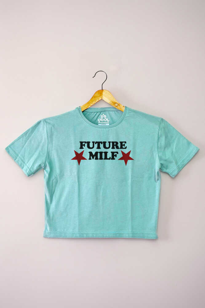 Mint Crop Future Milf Yazı Baskılı Y2K Açık Yeşil Kadın Tişört Baby Tee - 1