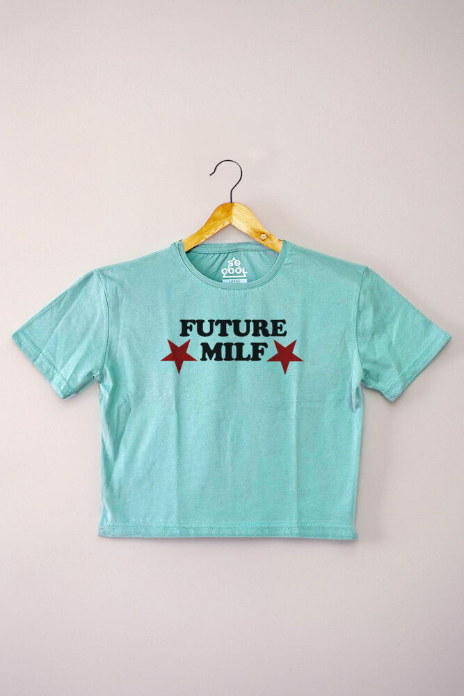 Mint Crop Future Milf Yazı Baskılı Y2K Açık Yeşil Kadın Tişört Baby Tee - 1