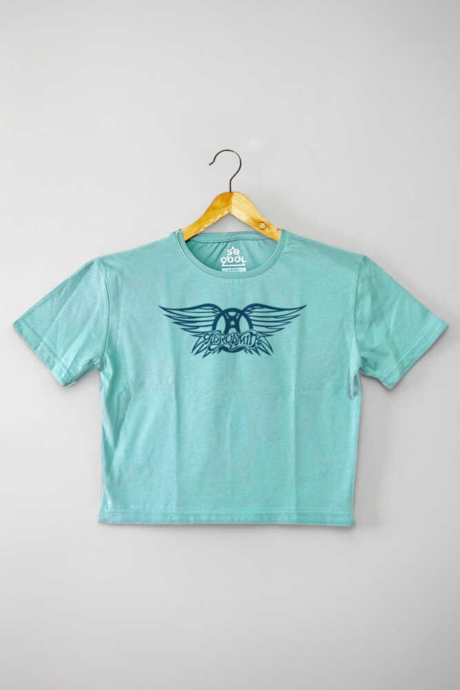 Mint Yeşil Crop T-shirt Aerosmith Black On Black Wings Baskılı Kadın Tişört Baby Tee
