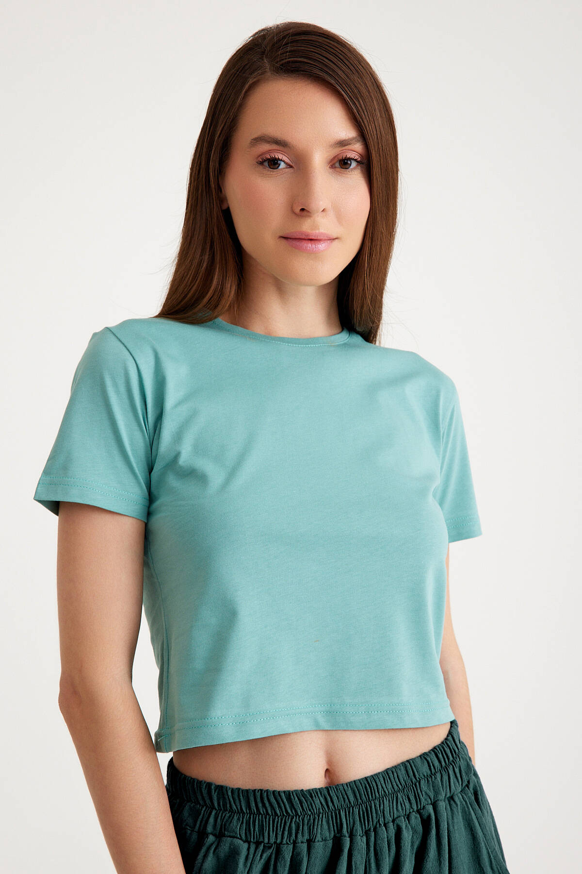 Mint Yeşil Crop T-shirt Green Bisiklet Yaka Kadın Tişört Baby Tee