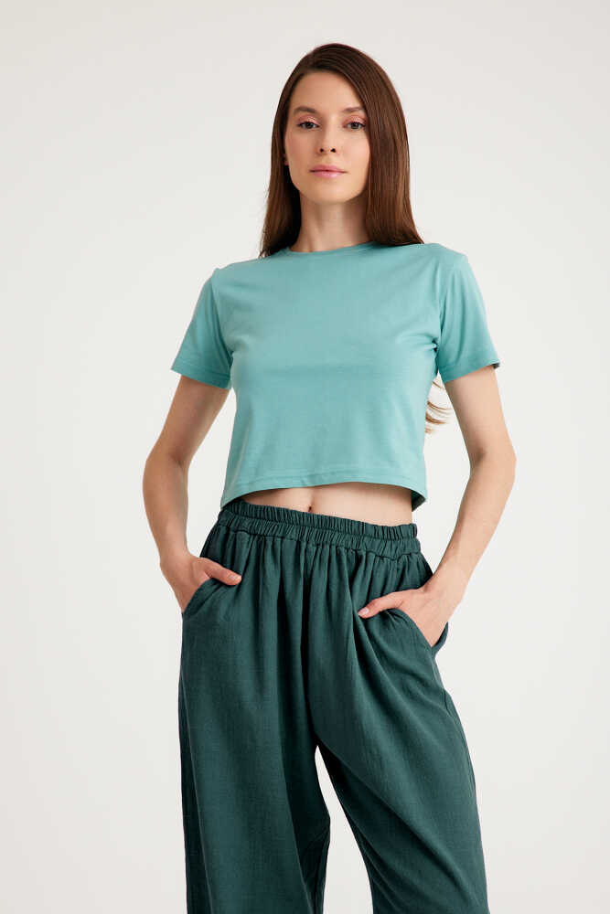 Mint Yeşil Crop T-shirt Green Bisiklet Yaka Kadın Tişört Baby Tee - 2