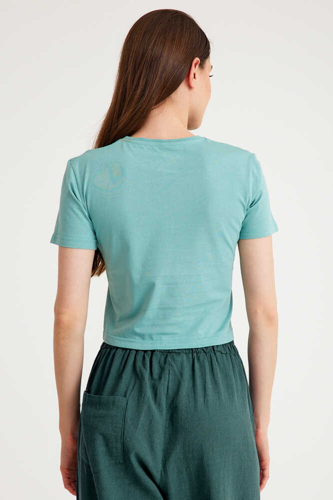 Mint Yeşil Crop T-shirt Green Bisiklet Yaka Kadın Tişört Baby Tee - 3