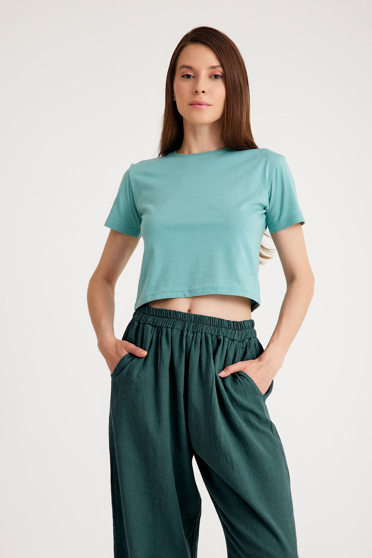 Mint Yeşil Crop T-shirt Green Bisiklet Yaka Kadın Tişört Baby Tee - 2