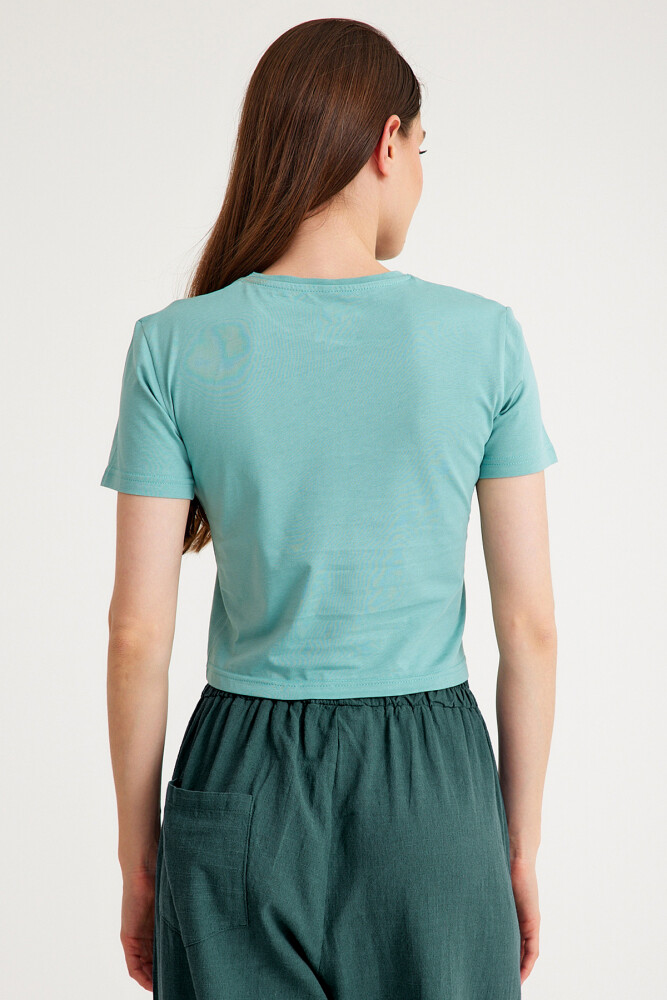 Mint Yeşil Crop T-shirt Green Bisiklet Yaka Kadın Tişört Baby Tee - 3