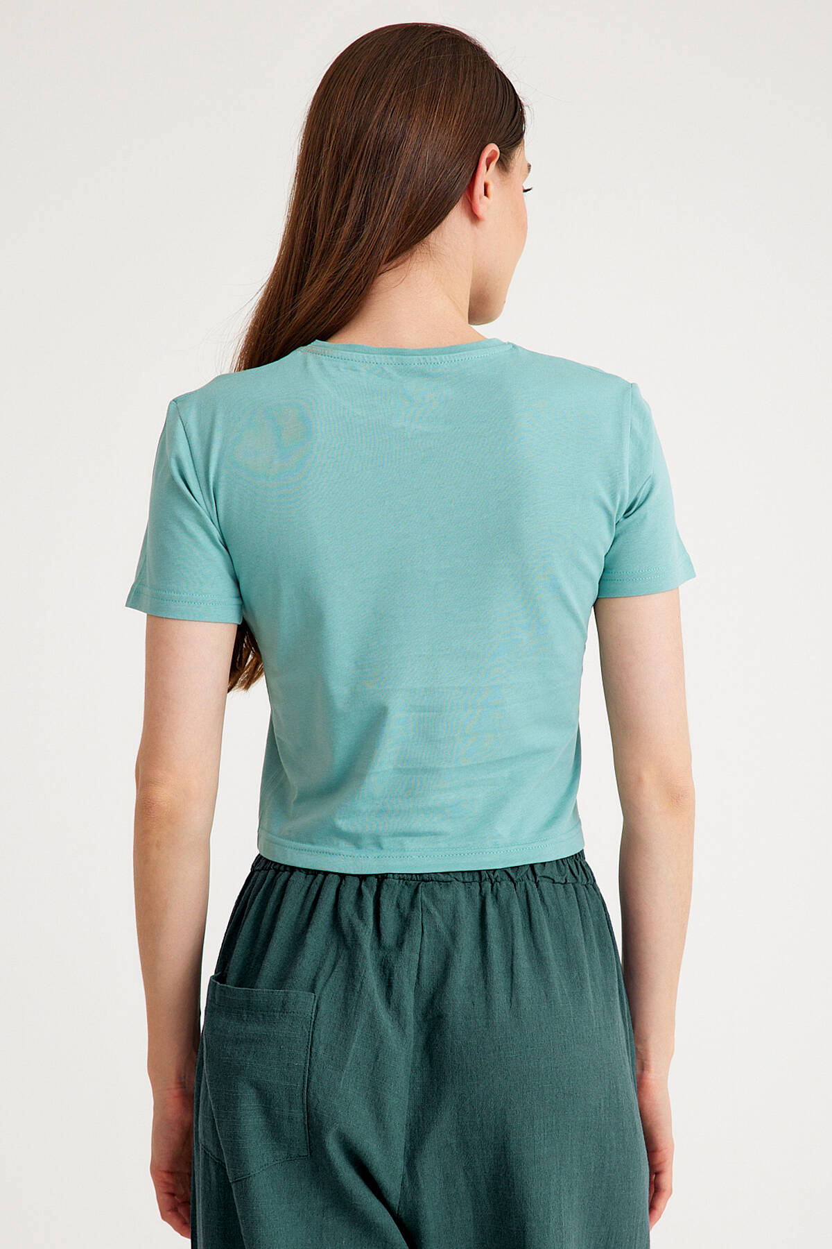 Mint Yeşil Crop T-shirt Green Bisiklet Yaka Kadın Tişört Baby Tee - 3