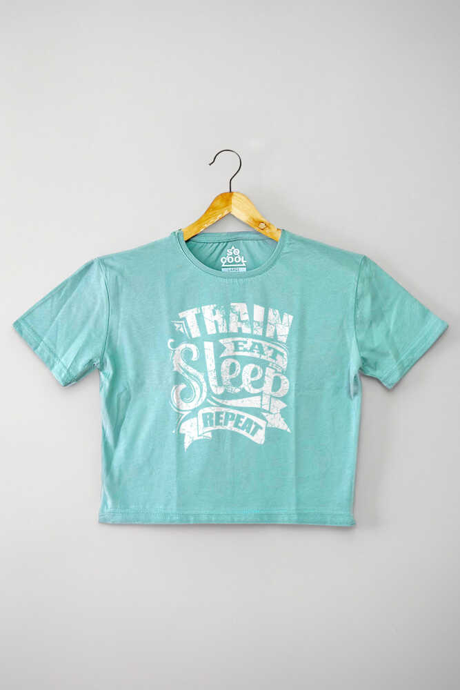 Mint Yeşil Renk Crop T-shirt Eat Sleep Train Repeat Baskılı Kadın Tişört Baby Tee - 1