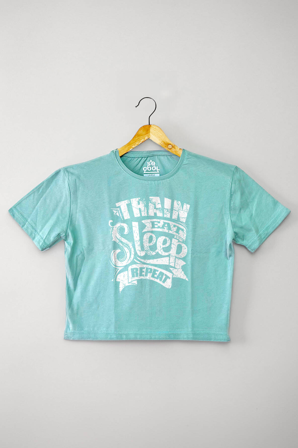 Mint Yeşil Renk Crop T-shirt Eat Sleep Train Repeat Baskılı Kadın Tişört Baby Tee