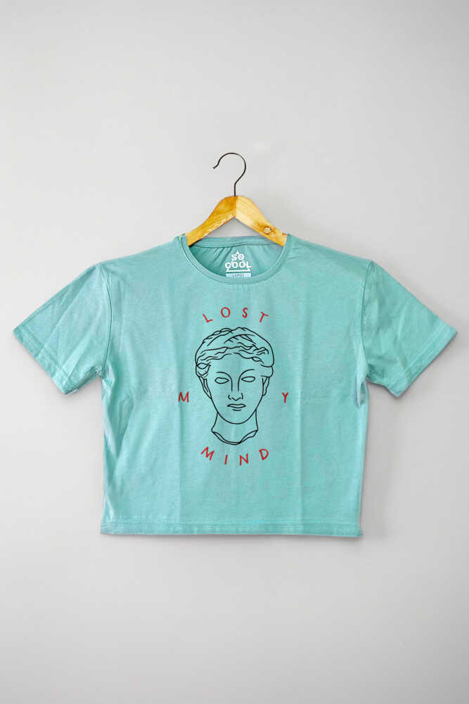 Mint Yeşil Renk Crop T-shirt Lost My Mind Baskılı Kadın Tişört Baby Tee - 1