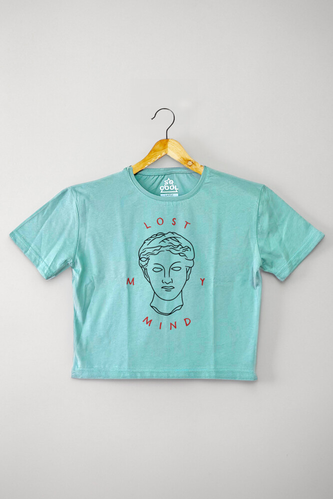 Mint Yeşil Renk Crop T-shirt Lost My Mind Baskılı Kadın Tişört Baby Tee - 1