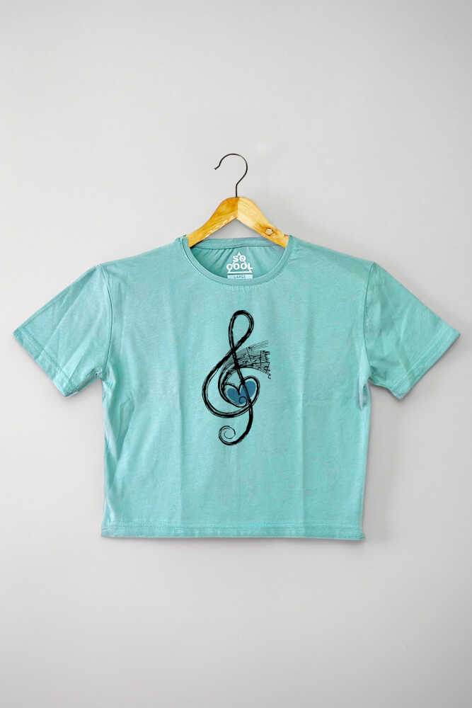 Mint Yeşil Renk Crop T-shirt Müzik Nota Sol Anahtarı Music Baskılı Kadın Tişört Baby Tee - 1