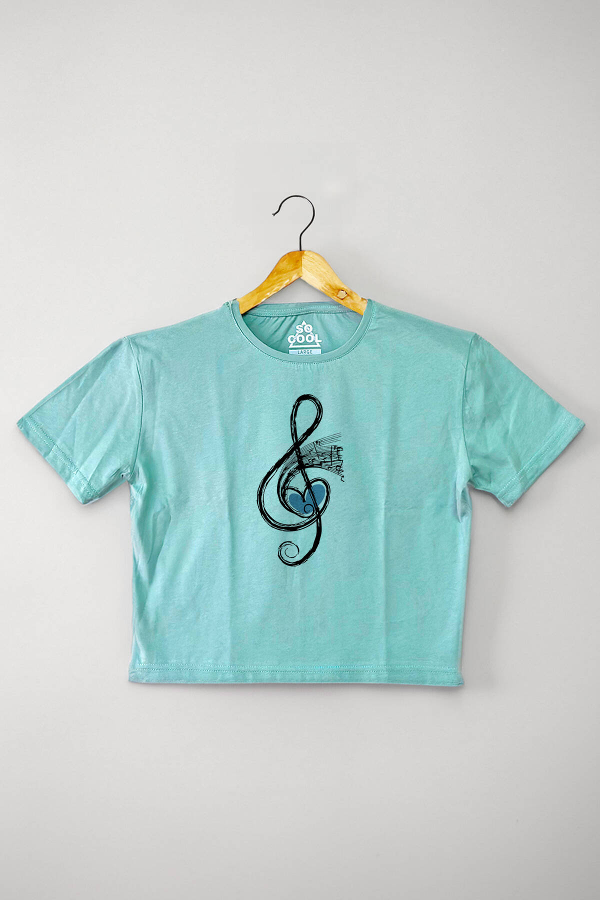 Mint Yeşil Renk Crop T-shirt Müzik Nota Sol Anahtarı Music Baskılı Kadın Tişört Baby Tee