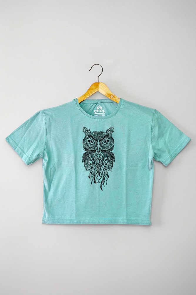 Mint Yeşil Renk Crop T-shirt Owl Baykuş Design Baskılı Kadın Tişört Baby Tee - 1