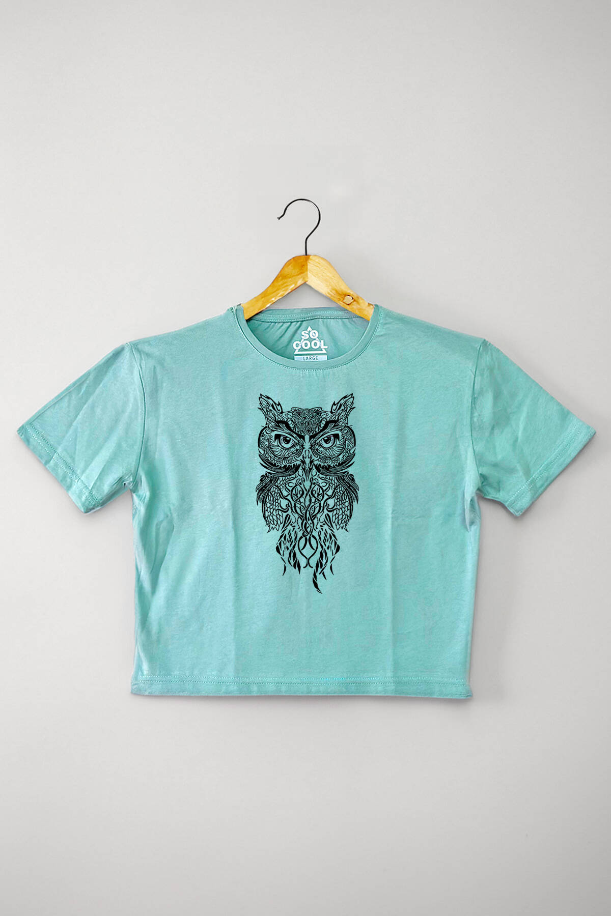 Mint Yeşil Renk Crop T-shirt Owl Baykuş Design Baskılı Kadın Tişört Baby Tee - 1