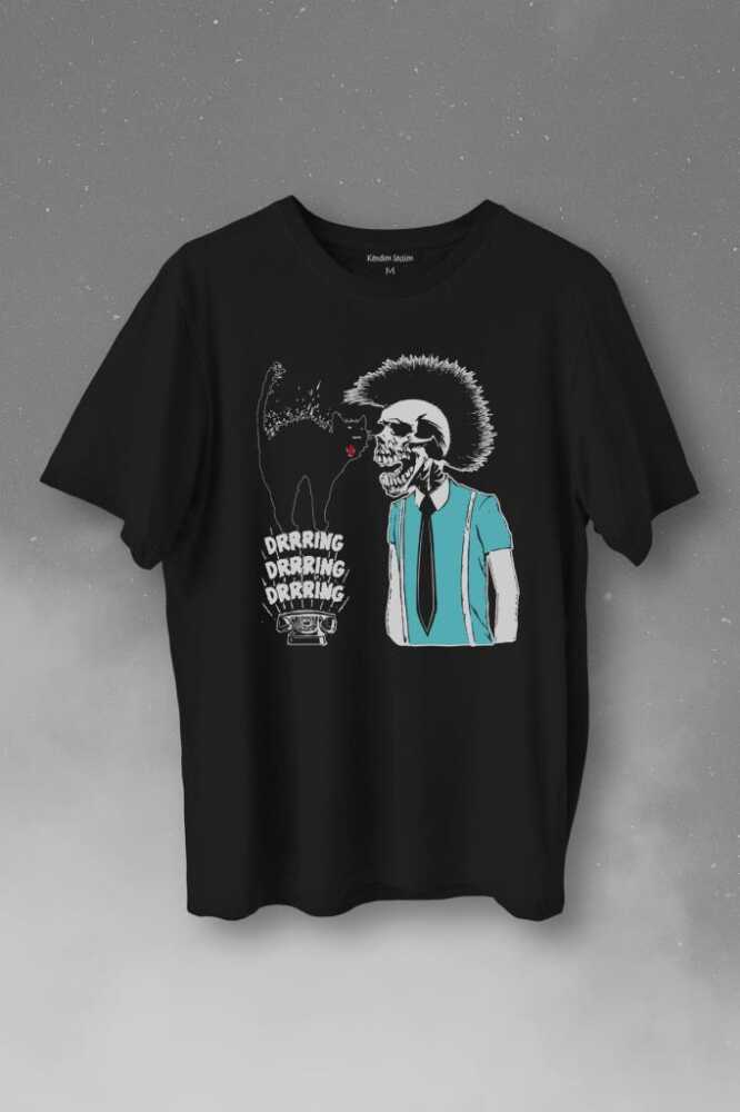 Mohikan İskelet Adam Kara Kedi Nostalji Telefon Zili Baskılı Tişört Unisex T-Shirt - 1