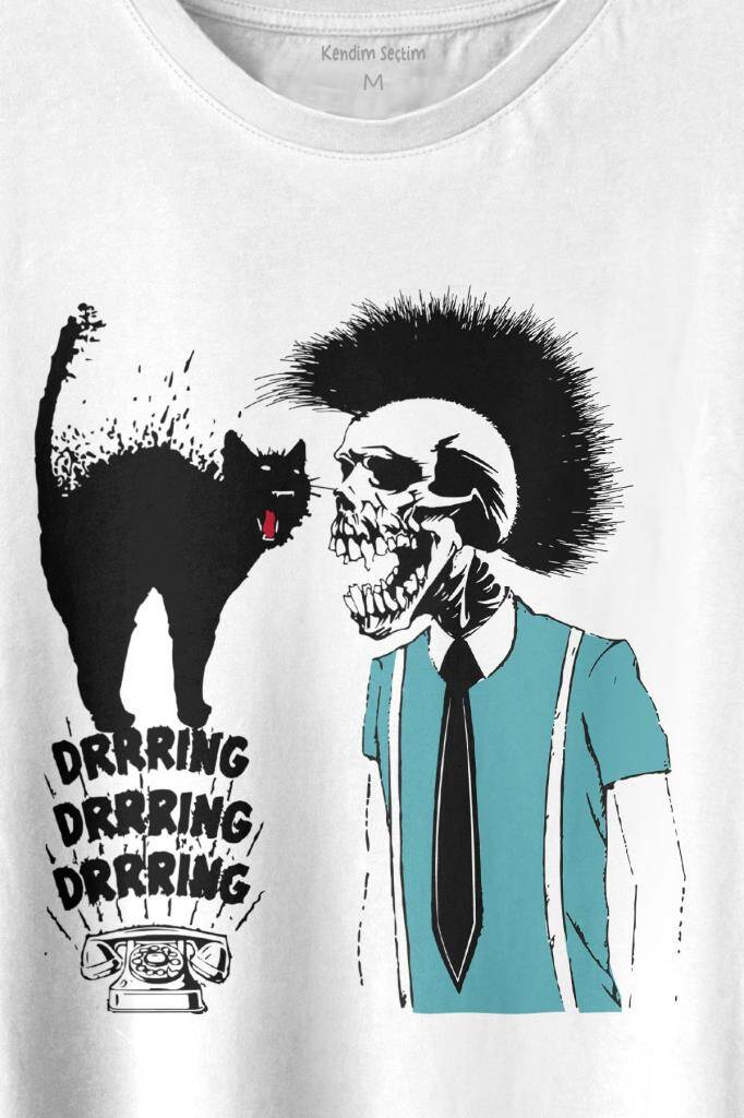 Mohikan İskelet Adam Kara Kedi Nostalji Telefon Zili Baskılı Tişört Unisex T-shirt (1)