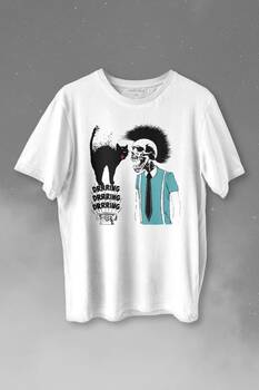 Mohikan İskelet Adam Kara Kedi Nostalji Telefon Zili Baskılı Tişört Unisex T-shirt - 1