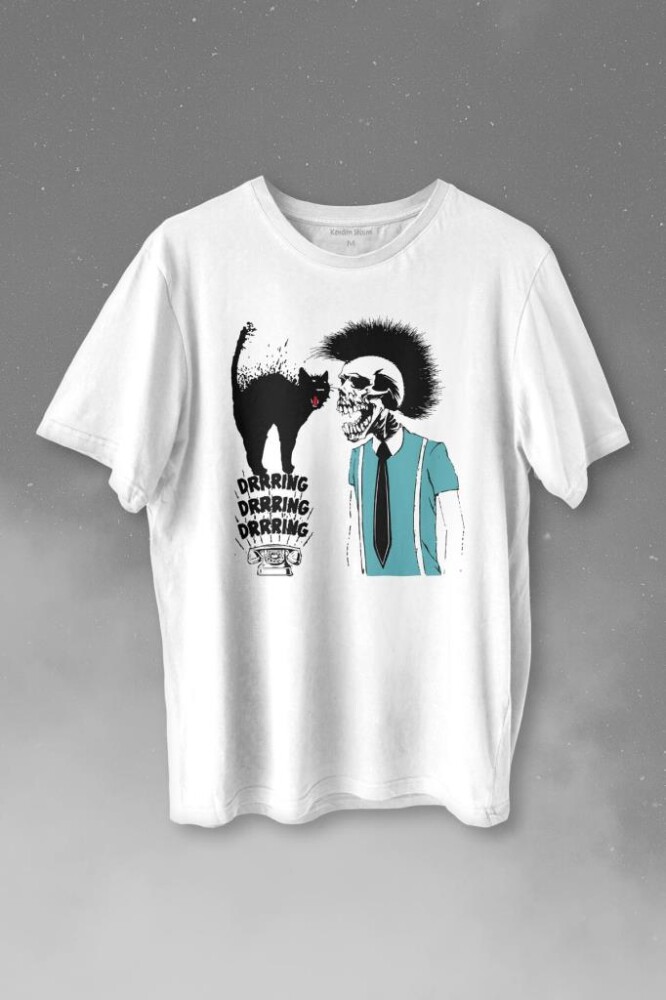 Mohikan İskelet Adam Kara Kedi Nostalji Telefon Zili Baskılı Tişört Unisex T-shirt - 1