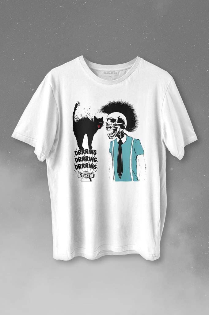 Mohikan İskelet Adam Kara Kedi Nostalji Telefon Zili Baskılı Tişört Unisex T-shirt - 1