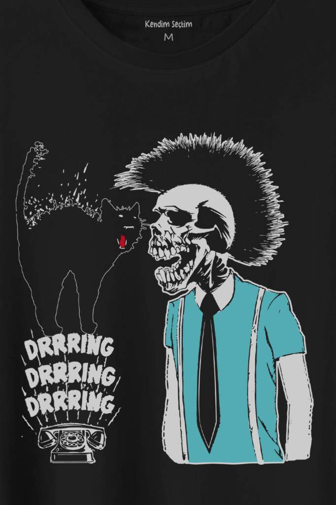 Mohikan İskelet Adam Kara Kedi Nostalji Telefon Zili Baskılı Tişört Unisex T-Shirt - 2