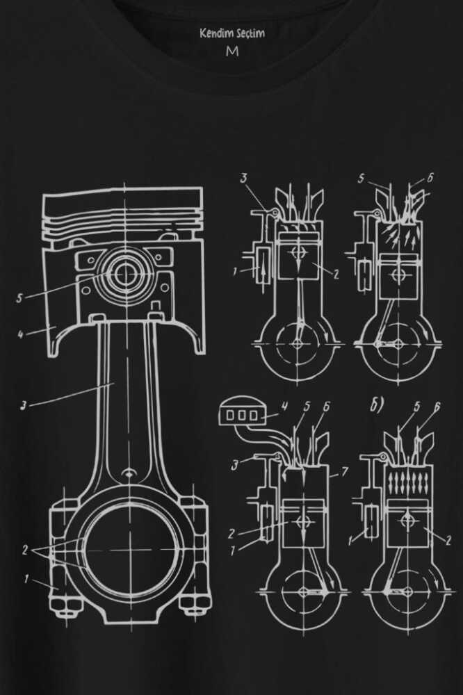 Motor Pistonu Motosiklet Teknik Çizim Grafik Baskılı Tişört Unisex T-Shirt - 2