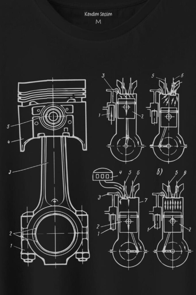 Motor Pistonu Motosiklet Teknik Çizim Grafik Baskılı Tişört Unisex T-Shirt - 2