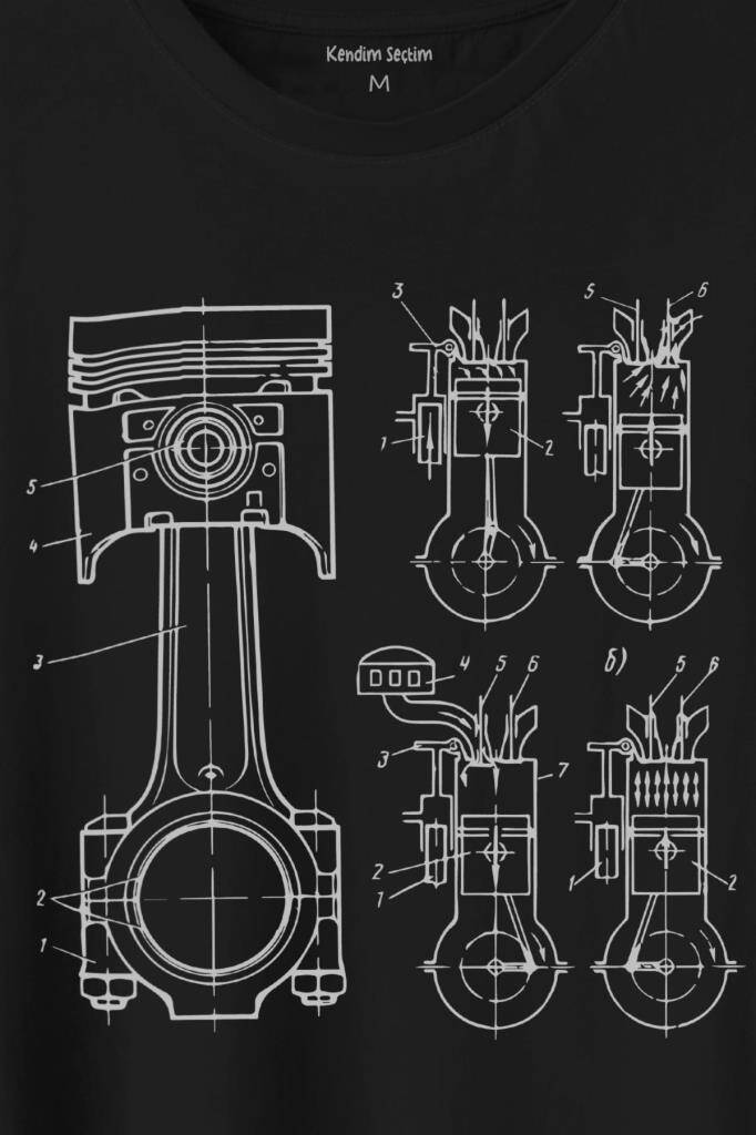 Motor Pistonu Motosiklet Teknik Çizim Grafik Baskılı Tişört Unisex T-Shirt - 2