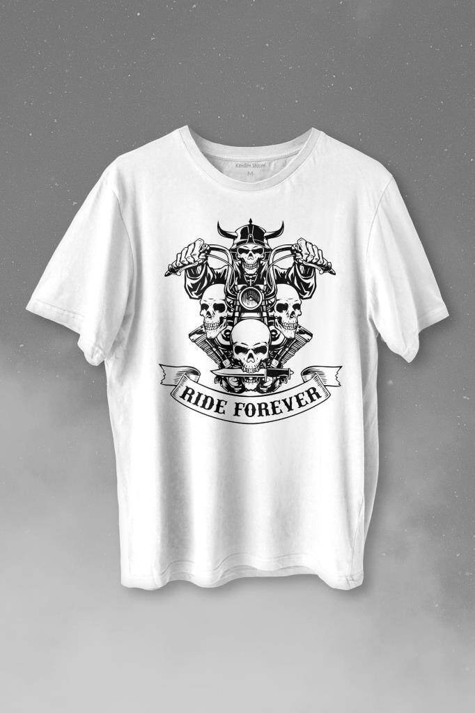 Motorcycle Skull Ride Forever Motosiklet Baskılı Tişört Unisex T-shirt - 1