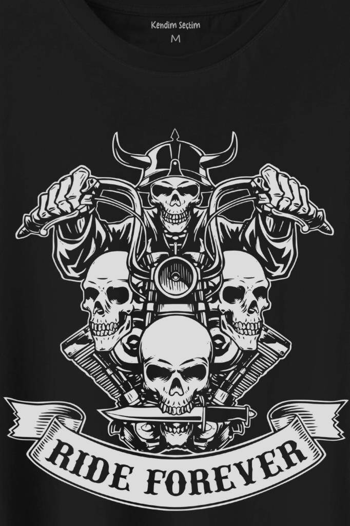 Motorcycle Skull Ride Forever Motosiklet Baskılı Tişört Unisex T-Shirt - 2