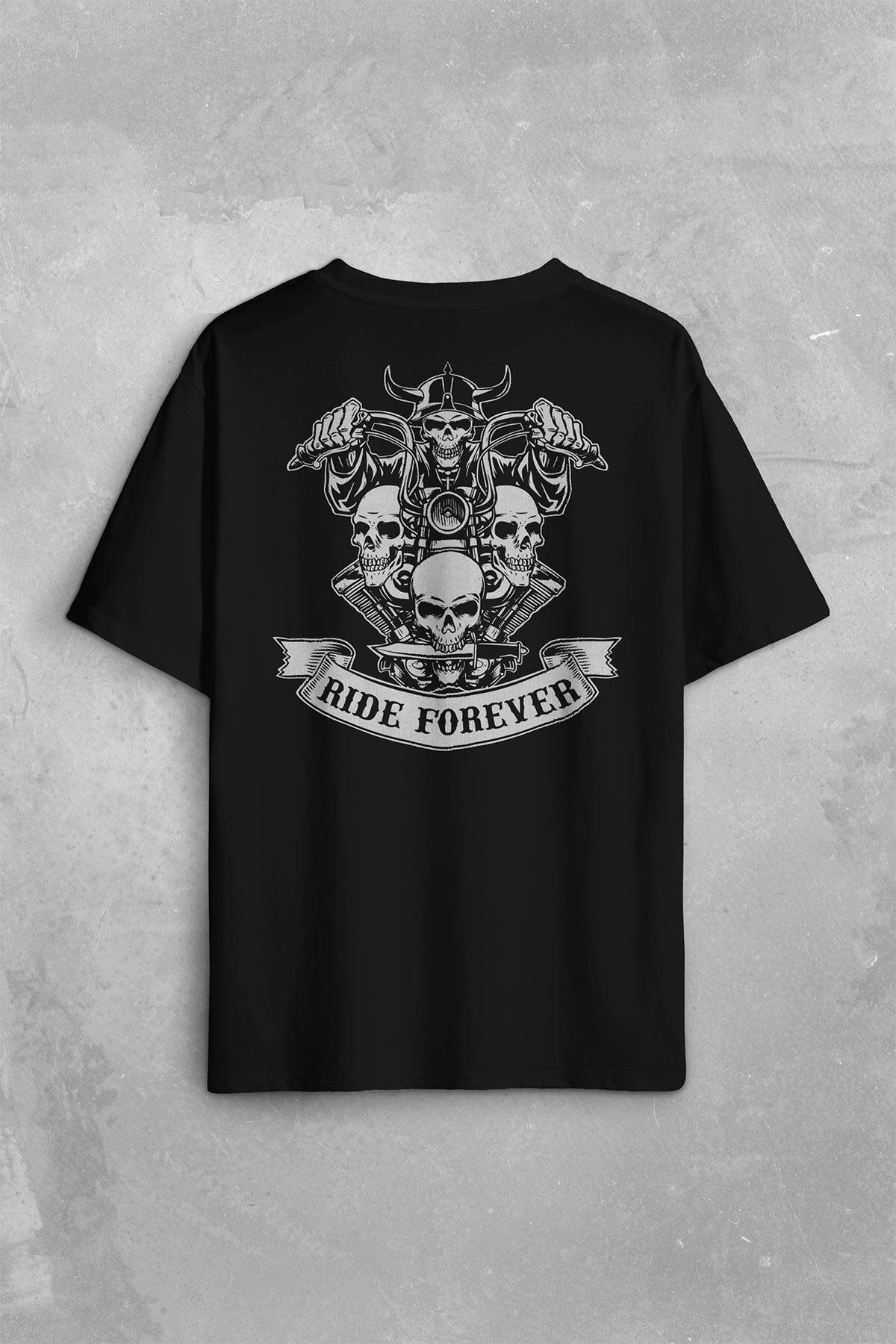 Motorcycle Skull Ride Forever Motosiklet Sırt Ön Baskılı Oversize Tişört Unisex T-Shirt - 1