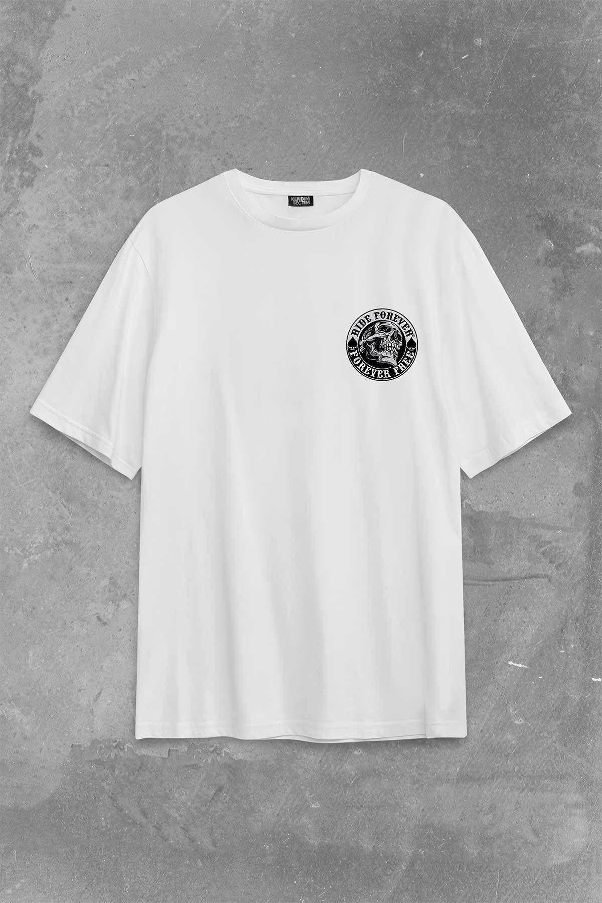 Motorcycle Skull Ride Forever Motosiklet Sırt Ön Baskılı Oversize Tişört Unisex T-Shirt (1)