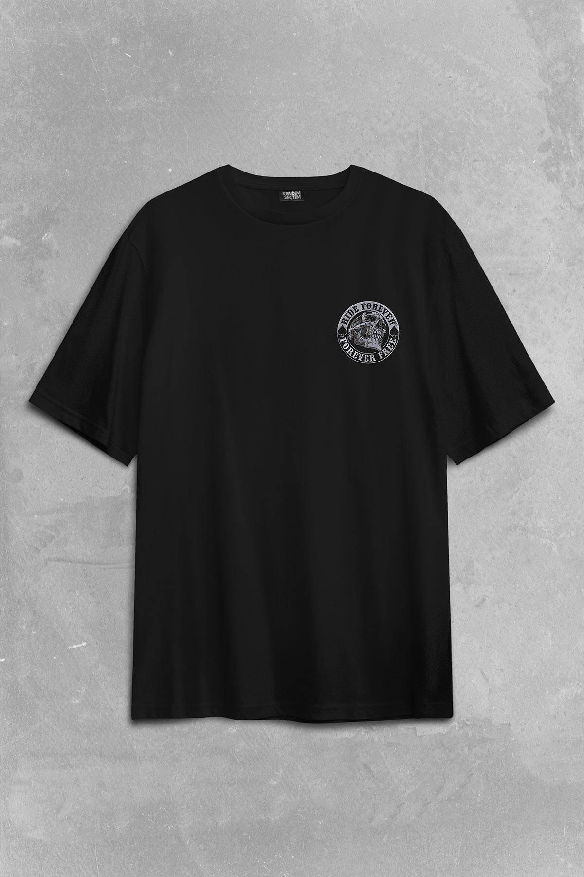 Motorcycle Skull Ride Forever Motosiklet Sırt Ön Baskılı Oversize Tişört Unisex T-Shirt (1)