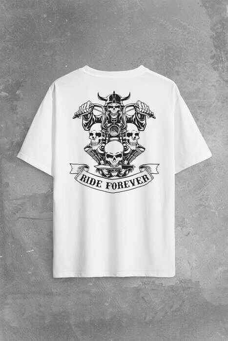 Motorcycle Skull Ride Forever Motosiklet Sırt Ön Baskılı Oversize Tişört Unisex T-Shirt - 1
