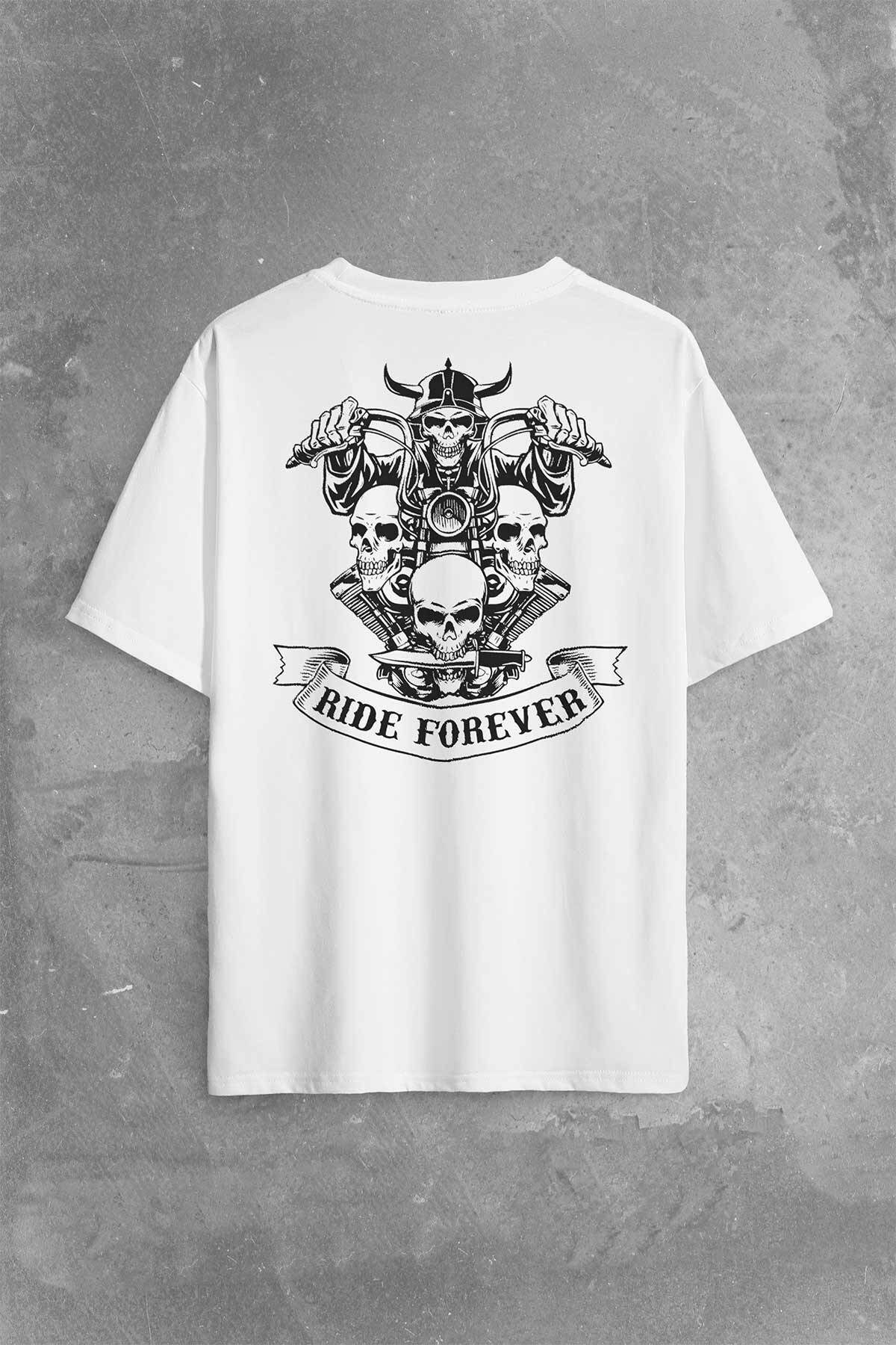 Motorcycle Skull Ride Forever Motosiklet Sırt Ön Baskılı Oversize Tişört Unisex T-Shirt - 1